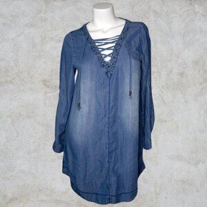 Altar'd State Denim Lace Up Front Roll Tab Sleeves Bohemian Women's Dress